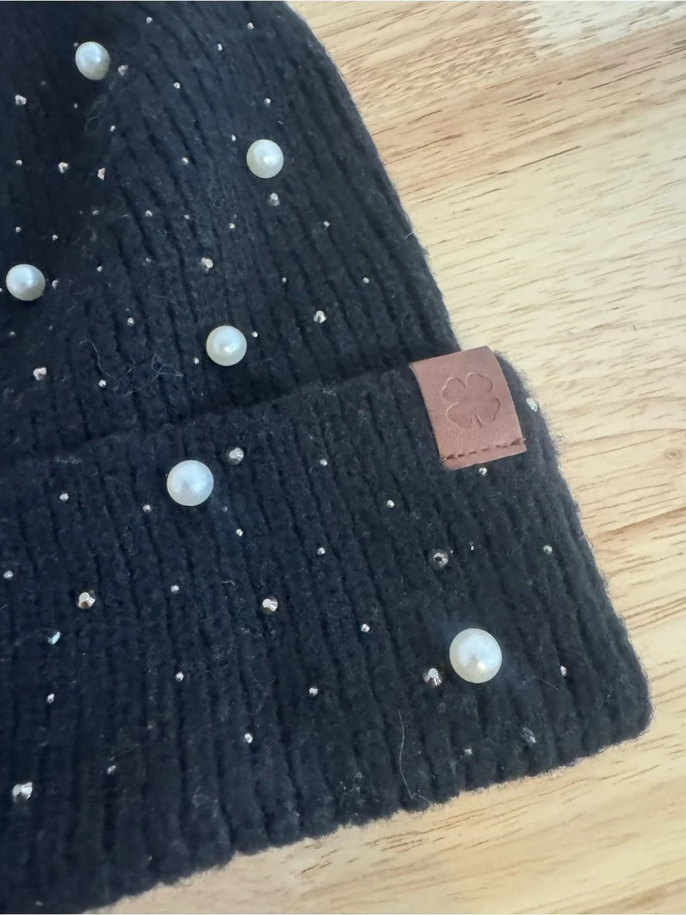 Lucky Brand Cute Girly Black and Pearls Puff Beanie